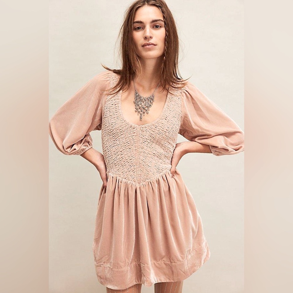 Free People‎ Farrier Velvet Mini Dress in Pink size S new long sleeve